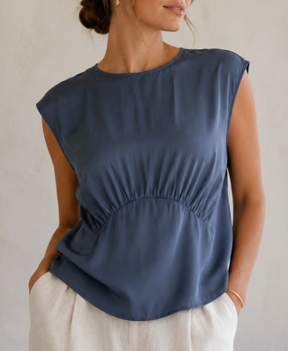 NWT Universal Standard Cupro Top Size XS Blue Gathered Front Quiet Luxury Modern